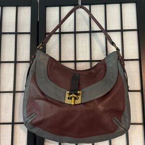 orYANY Beautiful Gray & Burgundy Leather Shoulder Bag Green Logo Interior Clean